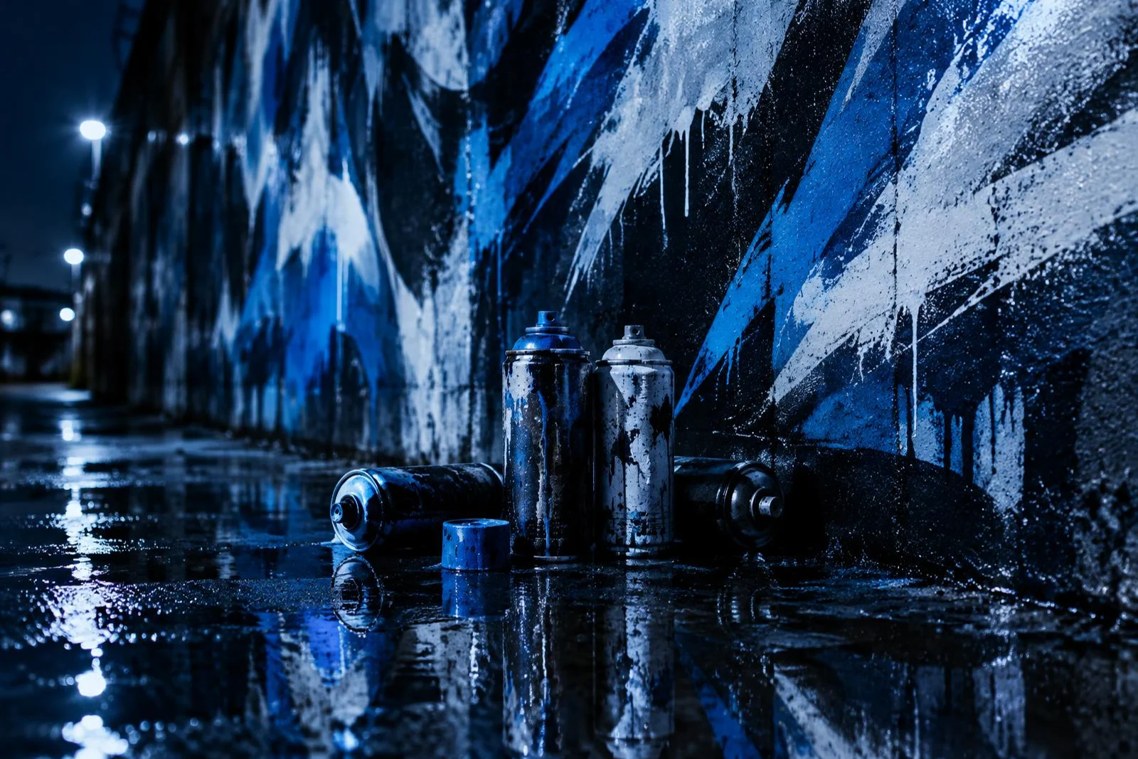 Blue and white abstract paint strokes above spray cans on wet pavement