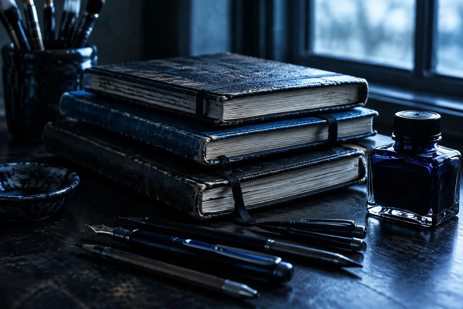 Worn sketchbooks, pens and an ink bottle in cool window light