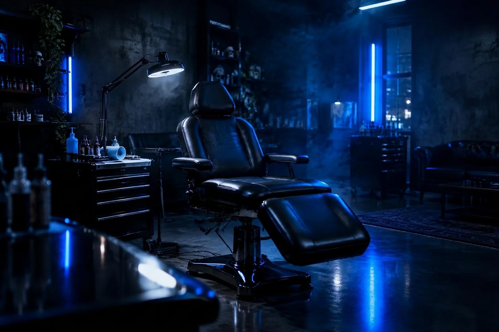 Empty studio chair with blue light reflections