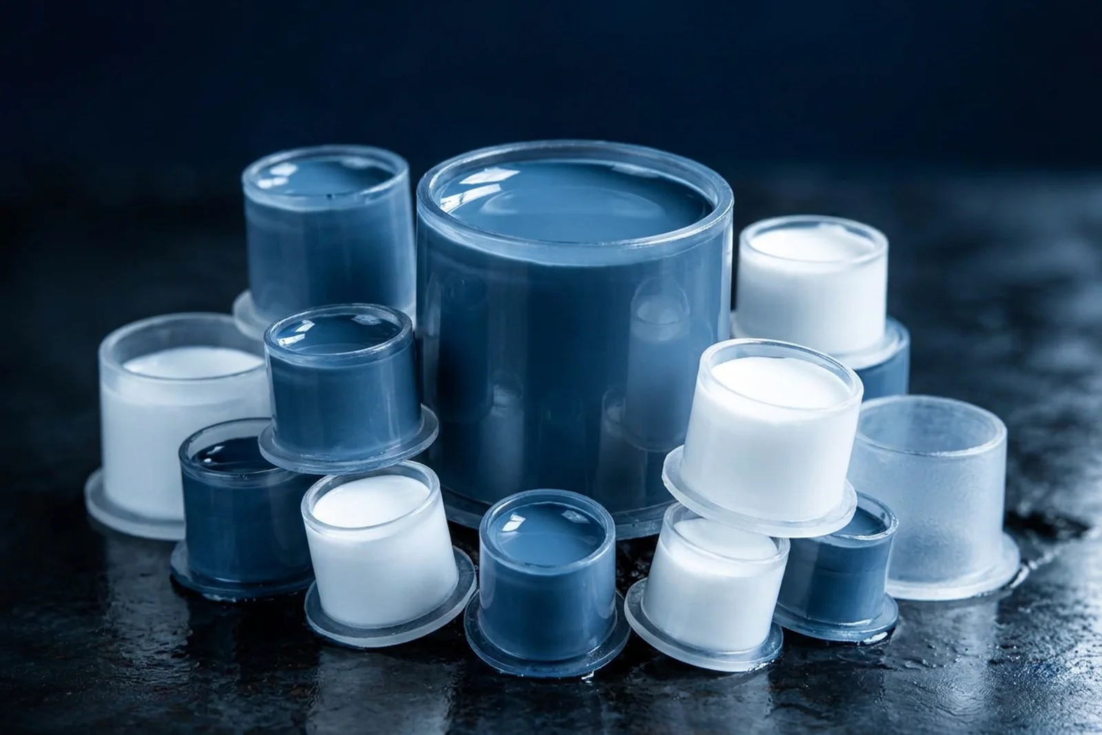 Glossy steel-blue and white ink cups