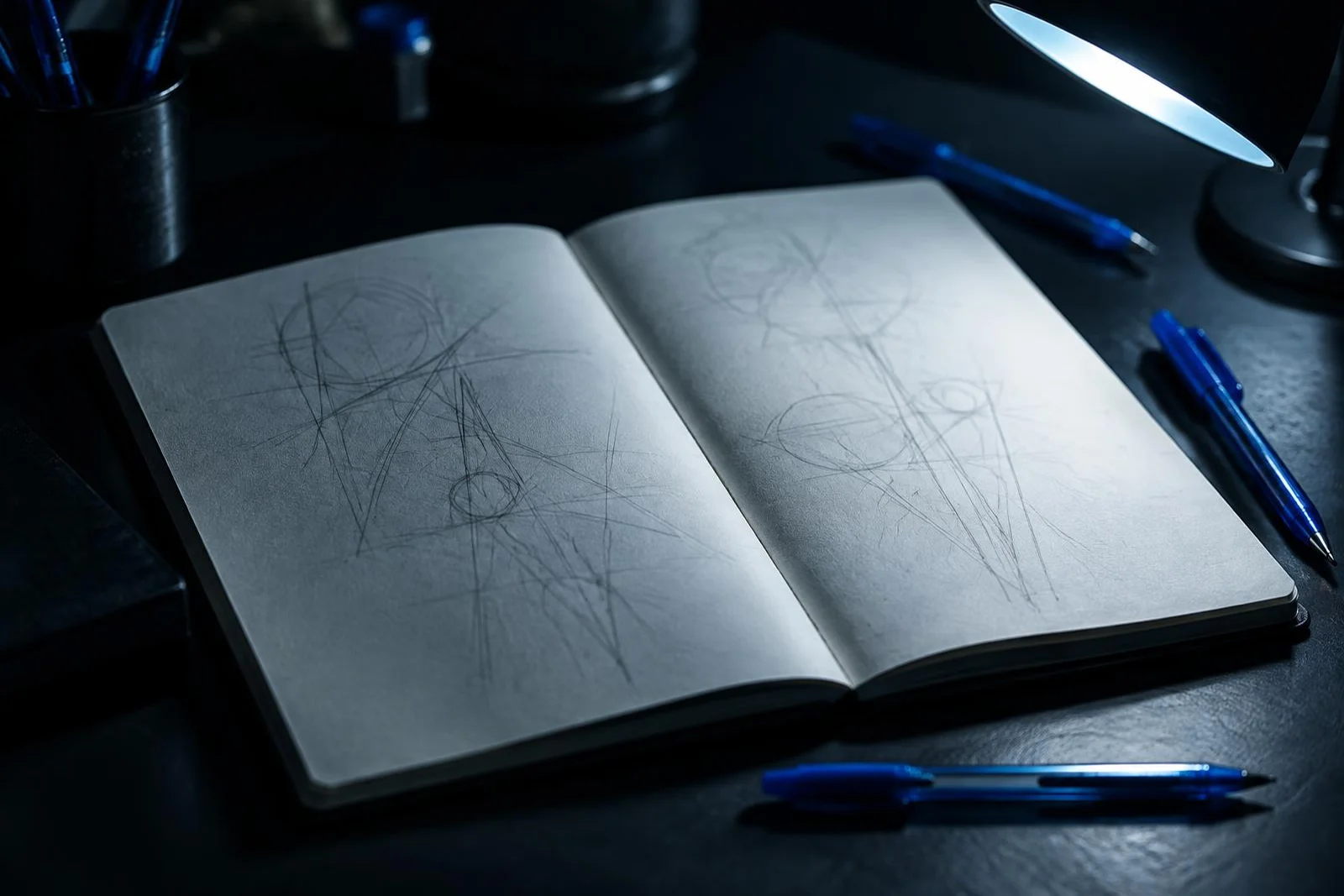 Open sketchbook with abstract construction lines under a desk lamp