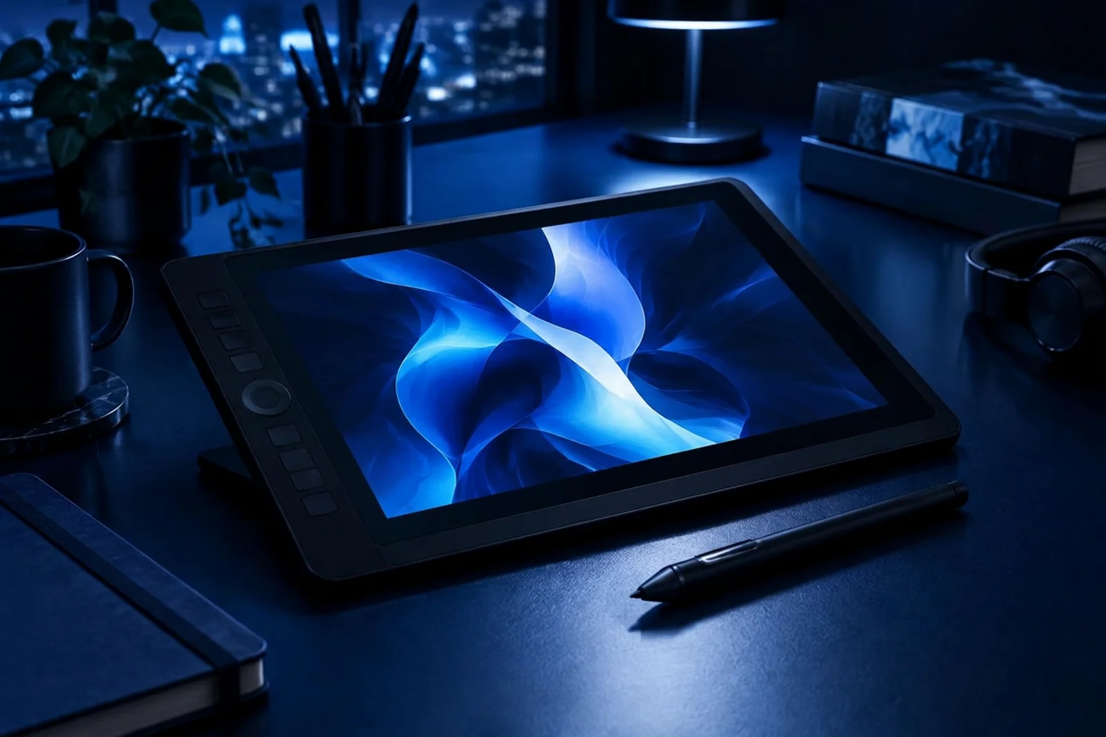 Drawing tablet with abstract blue shapes on a navy desk